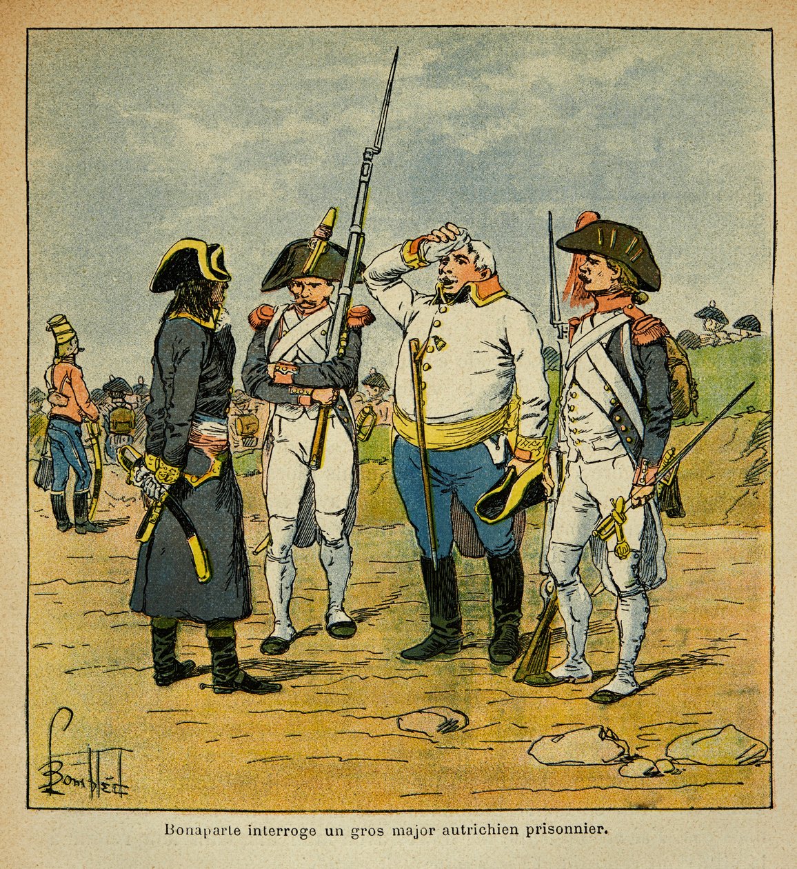 Illustrasjon av Bombled Louis (1862-1927) fra grev Emmanuel de Las Cases (1766-1842): Under den italienske kampanjen forhører Bonaparte en østerriksk fangeoffiser, Private Collection av Louis Charles Bombled