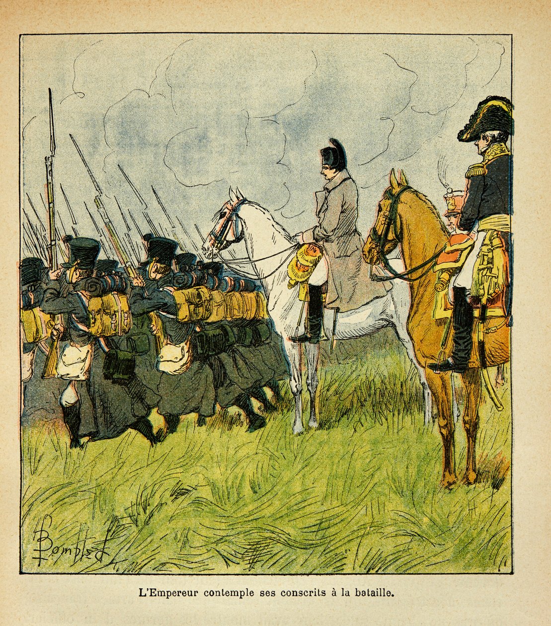 Illustrasjon av Bombled Louis (1862-1927) fra boken "The Memorial of Saint Helene" av grev Emmanuel de Las Cases (1766-1842): Keiser Napoleon tenker på sine vernepliktige under et slag, Privat samling av Louis Charles Bombled