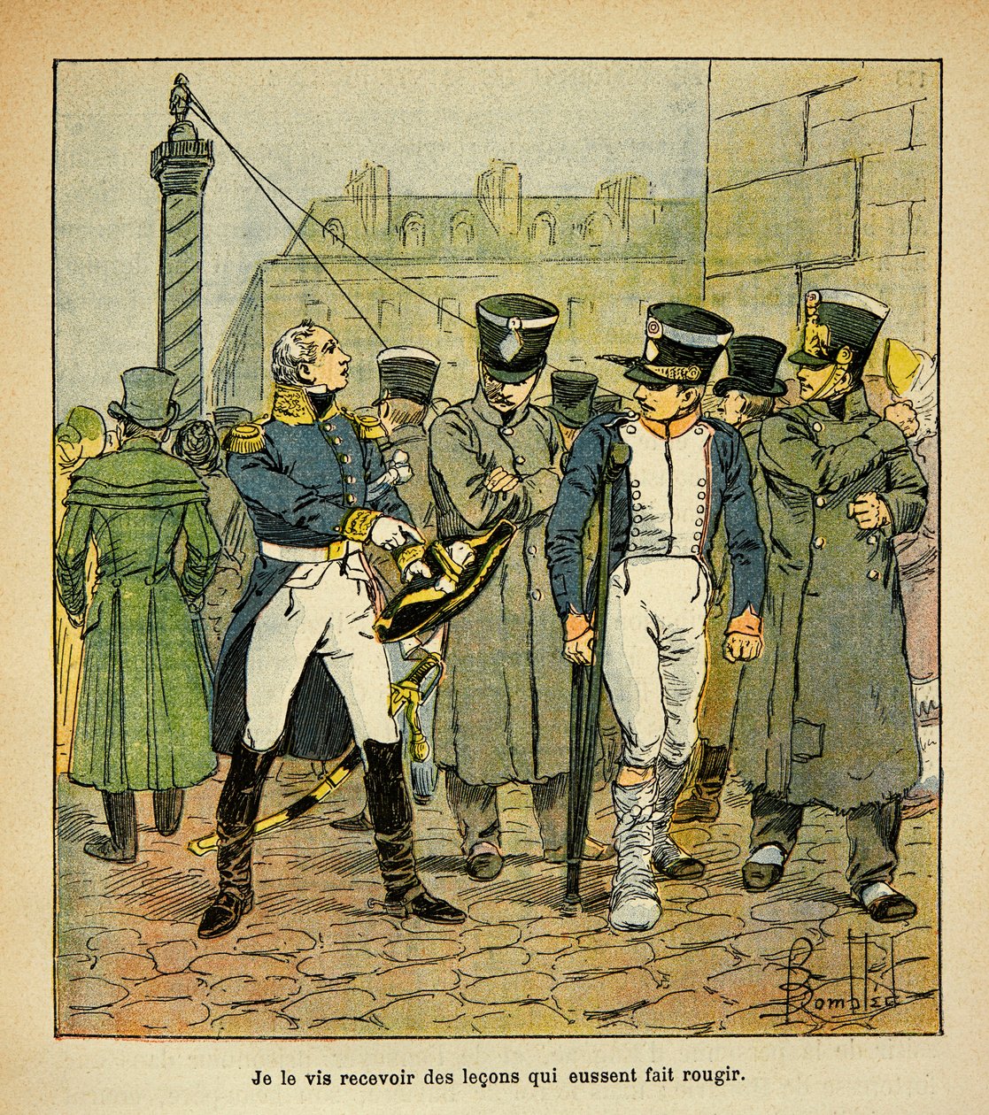 Illustrasjon av Bombled Louis (1862-1927) fra boken "The Memorial of Saint Helene" av grev Emmanuel de Las Cases (1766-1842): En tidligere offiser av Napoleon, under restaurering, ber tidligere vernepliktige om å avvise det keiserlige regimet, Delvis samli av Louis Charles Bombled