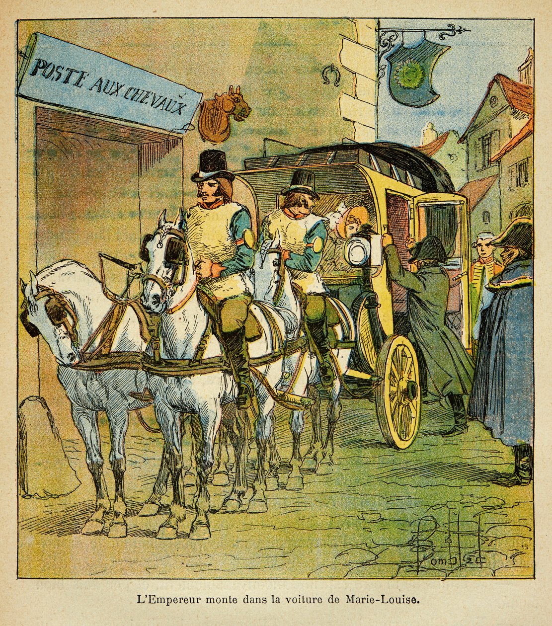 Illustrasjon av Bombled Louis (1862-1927) fra boken "The Memorial of Saint Helene" av grev Emmanuel de Las Cases (1766-1842): Keiser Napoleon kjører i bilen for å møte sin kone Marie Louise i 1810, privat samling av Louis Charles Bombled