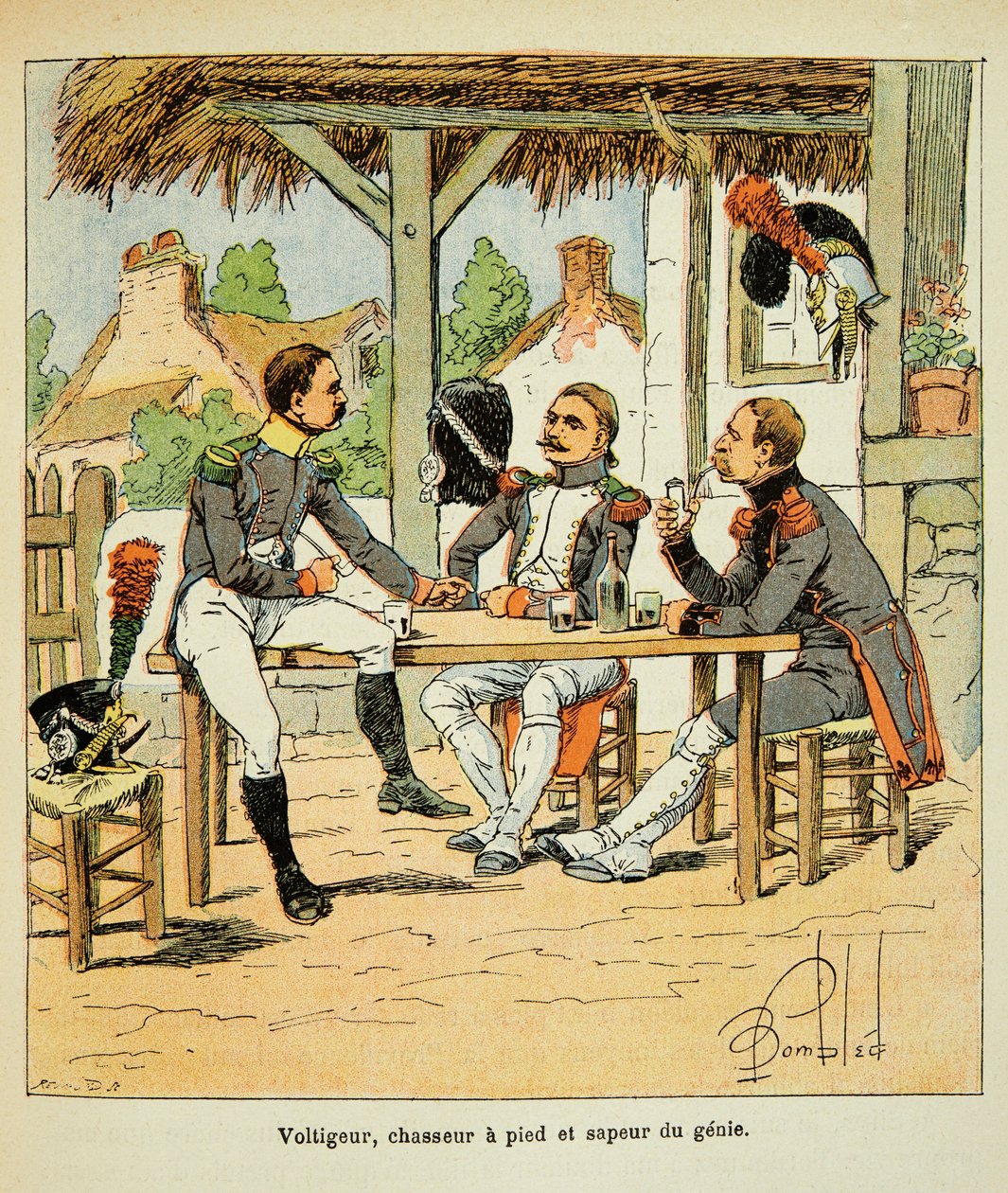 Illustrasjon av Bombled Louis (1862-1927) fra boken "The Memorial of Saint Helene" av grev Emmanuel de Las Cases (1766-1842): Armee Francaise: Voltigeur; jeger og åndens sapeur, privat samling av Louis Charles Bombled