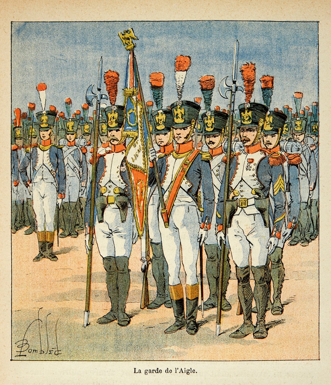 Illustrasjon av Bombled Louis (1862-1927) fra boken "The Memorial of Saint Helene" av grev Emmanuel de Las Cases (1766-1842): The Guard of the Eagle (skapt av Napoleon for å beskytte flagget), Privat samling av Louis Charles Bombled