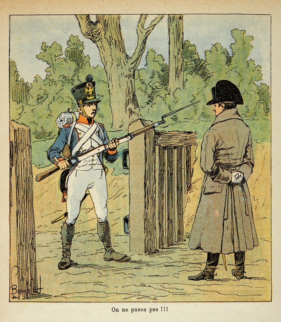 Illustrasjon av Bombled Louis (1862-1927) fra boken "The Memorial of Saint Helene" av grev Emmanuel de Las Cases (1766-1842): Napoleon besøker visse poster på tampen av et slag stoppet av en vakt, privat samling av Louis Charles Bombled