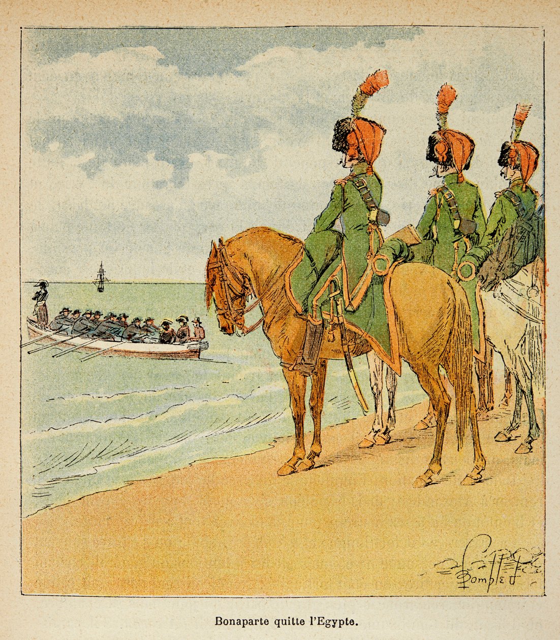 Illustrasjon av Bombled Louis (1862-1927) fra boken "The Memorial of Saint Helene" av grev Emmanuel de Las Cases (1766-1842): Bonaparte forlot Egypt 23. august 1799, privat samling av Louis Charles Bombled