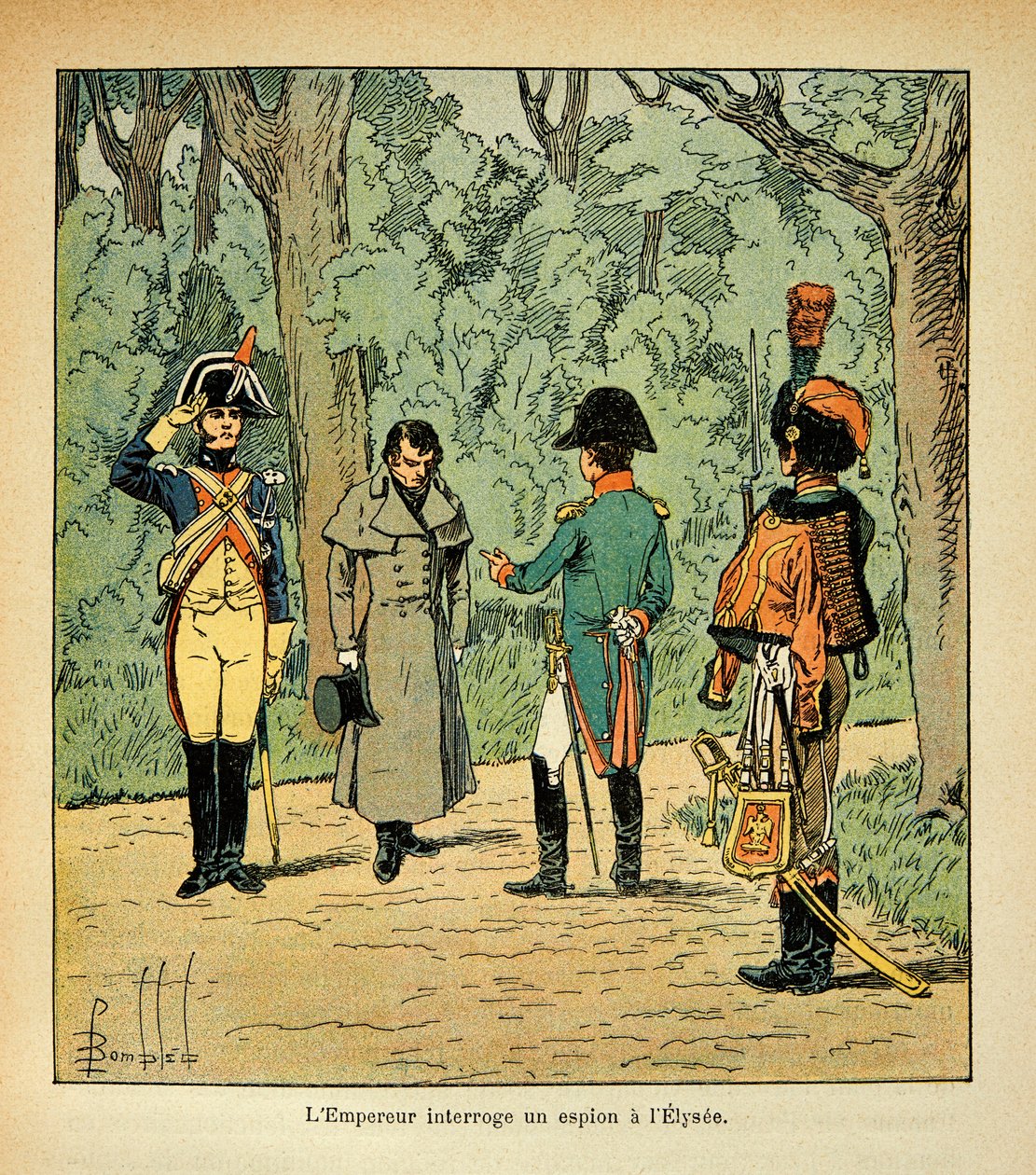 Illustrasjon av Bombled Louis (1862-1927) fra boken "The Memorial of Saint Helene" av grev Emmanuel de Las Cases (1766-1842): Keiser Napoleon forhører en spion ved Elysee, Private Collection av Louis Charles Bombled