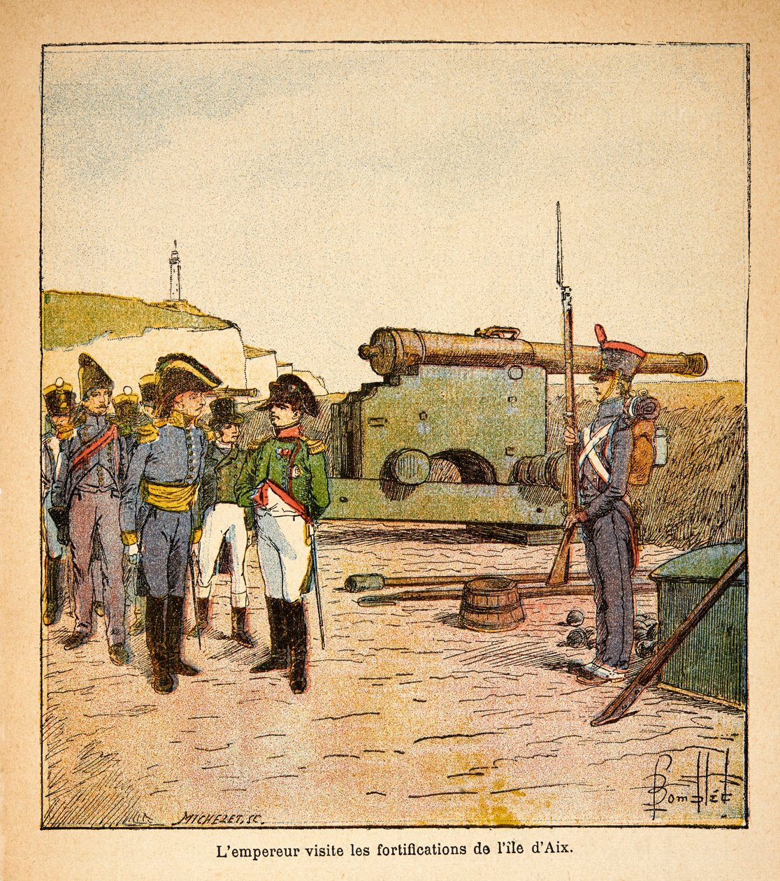 Illustrasjon av Bombled Louis (1862-1927) fra boken "The Memorial of Saint Helene" av grev Emmanuel de Las Cases (1766-1842): Keiser Napoleon besøker festningsverkene på øya Aix etter sin abdikasjon, Private Collection av Louis Charles Bombled