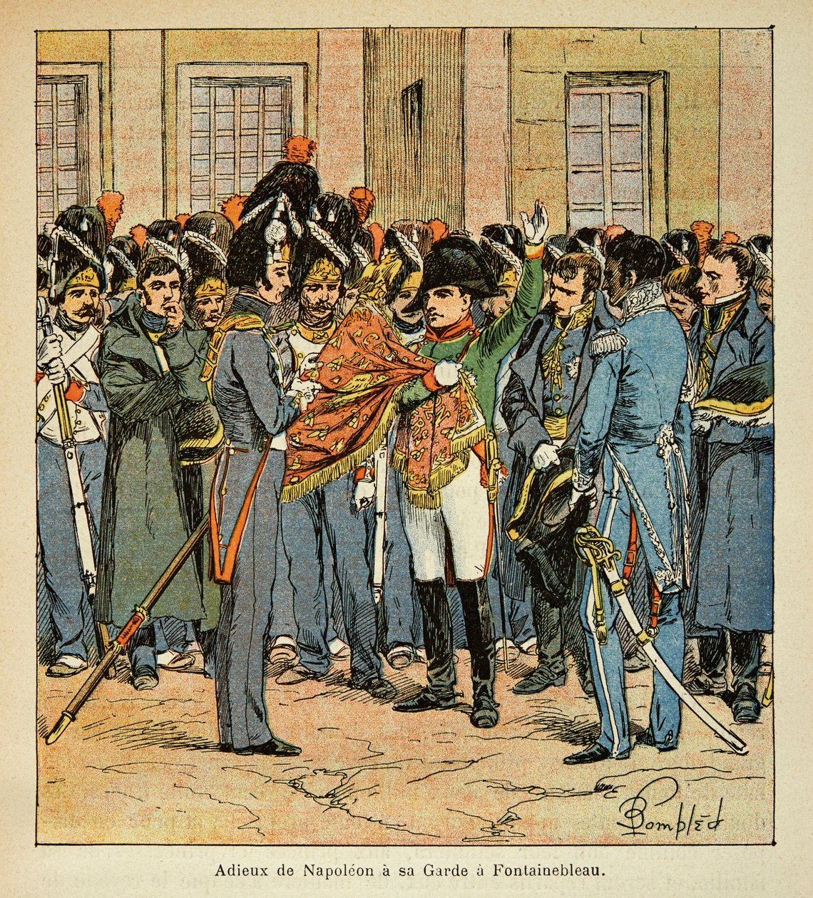 Illustrasjon av Bombled Louis (1862-1927) fra boken "The Memorial of Saint Helene" av grev Emmanuel de Las Cases (1766-1842): Avskjeden med Napoleon har sin vakt i Fontainebleau, privat samling av Louis Charles Bombled