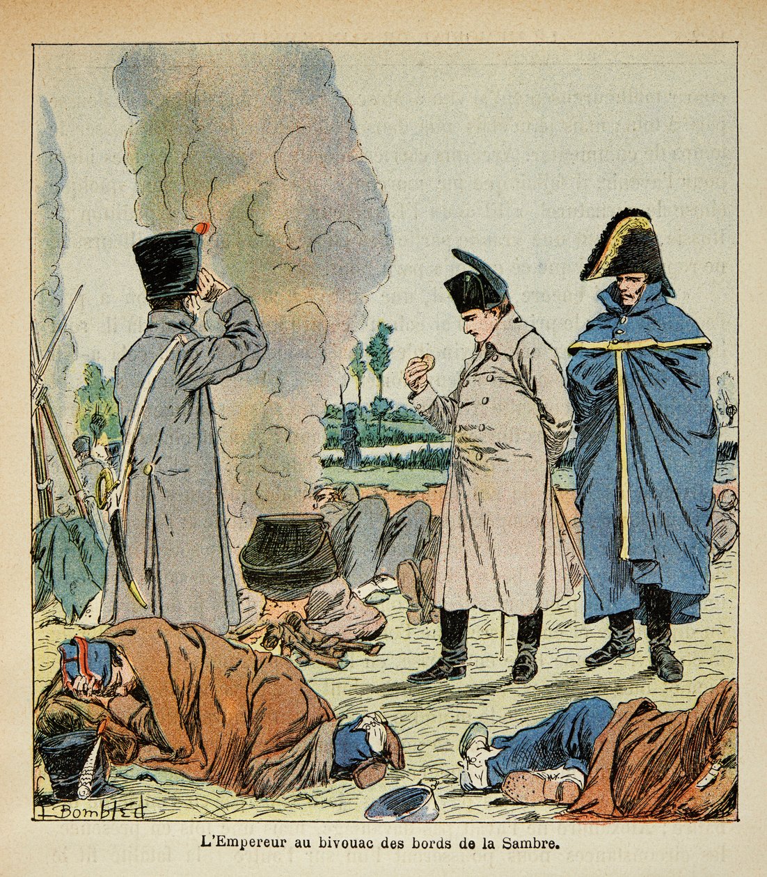 Illustrasjon av Bombled Louis (1862-1927) fra boken "The Memorial of Saint Helene" av grev Emmanuel de Las Cases (1766-1842): Napoleon under en bivuakk spiser brødet til soldater, Privat samling av Louis Charles Bombled