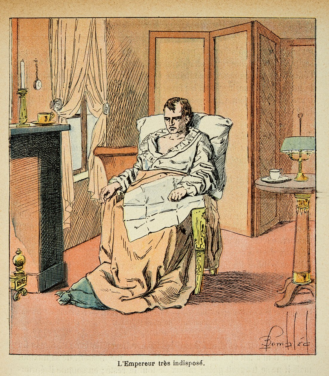 Illustrasjon av Bombled Louis (1862-1927) fra boken "The Memorial of Saint Helene" av grev Emmanuel de Las Cases (1766-1842): Den syke keiser Napoleon i St. Helene, privat samling av Louis Charles Bombled