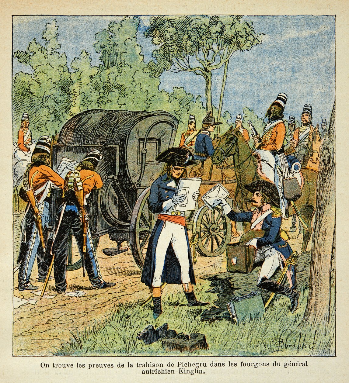 Illustrasjon av Bombled Louis (1862-1927) fra boken "The Memorial of Saint Helene" av grev Emmanuel de Las Cases (1766-1842): Under passasjen av Rhinen oppdager Moreau korrespondansen mellom Pichegru og prinsen av Conde i varebilene til av Louis Charles Bombled