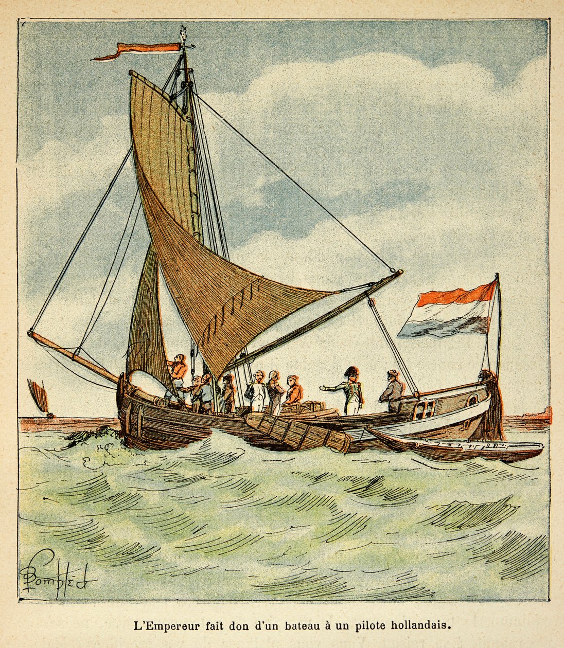 Illustrasjon av Bombled Louis (1862-1927) fra boken "The Memorial of Saint Helene" av grev Emmanuel de Las Cases (1766-1842): Napoleon donerte en båt til en nederlandsk pilot under hans besøk i Holland av Louis Charles Bombled