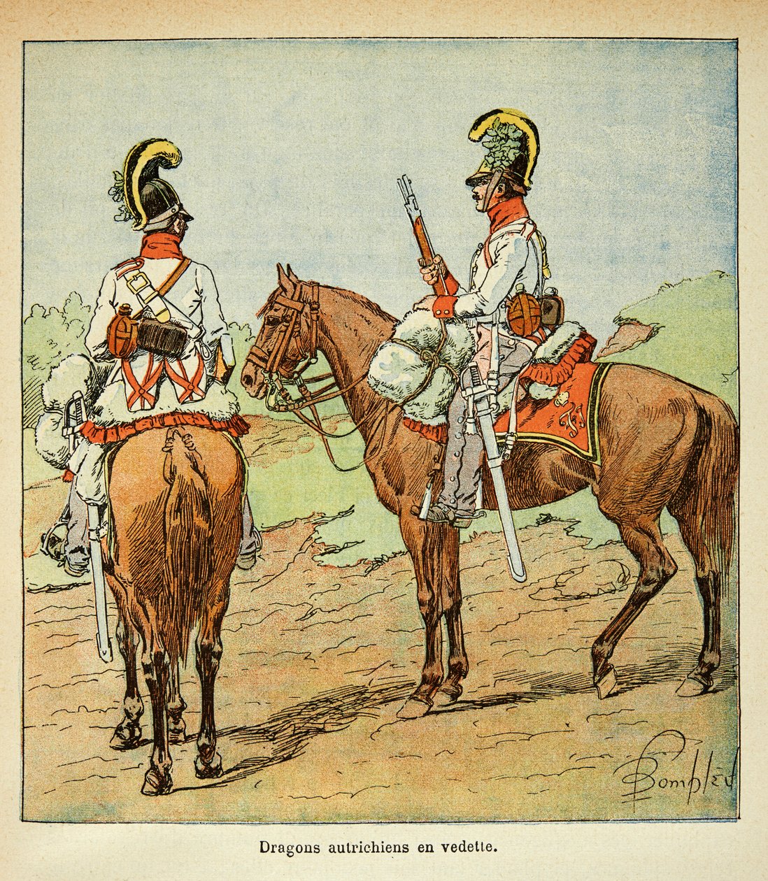 Illustrasjon av Bombled Louis (1862-1927) fra boken "The Memorial of Saint Helene" av grev Emmanuel de Las Cases (1766-1842): Østerrikske drager omtalt, privat samling av Louis Charles Bombled