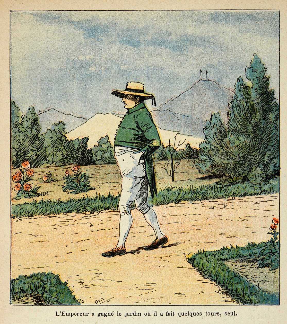 Illustrasjon av Bombled Louis (1862-1927) fra boken "The Memorial of Saint Helene" av grev Emmanuel de Las Cases (1766-1842): Keiser Napoleon går i hagen sin på St. Helene i september 1816, privat samling av Louis Charles Bombled
