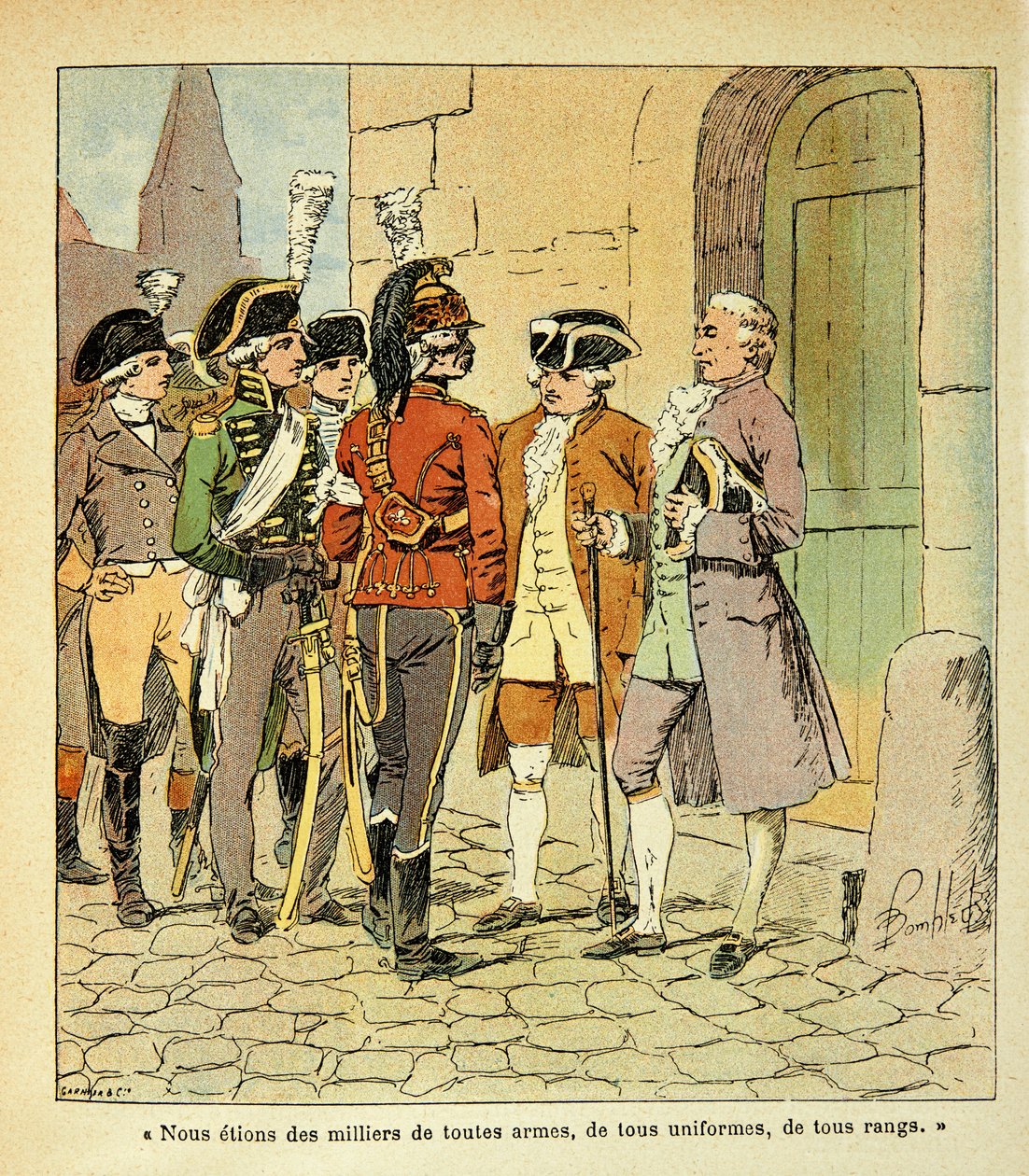 Illustrasjon av Bombled Louis (1862-1927) fra boken "The Memorial of Saint Helene" av grev Emmanuel de Las Cases (1766-1842): Emigrers to Coblenz (Koblenz) under the Revolution, Private Collection av Louis Charles Bombled