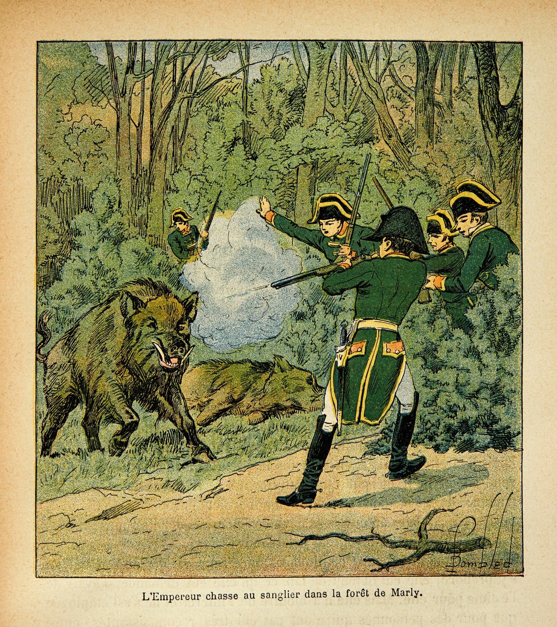 Illustrasjon av Bombled Louis (1862-1927) fra boken "The Memorial of Saint Helene" av grev Emmanuel de Las Cases (1766-1842): Keiser Napoleon jakter villsvinet i skogen til Marly, privat samling av Louis Charles Bombled