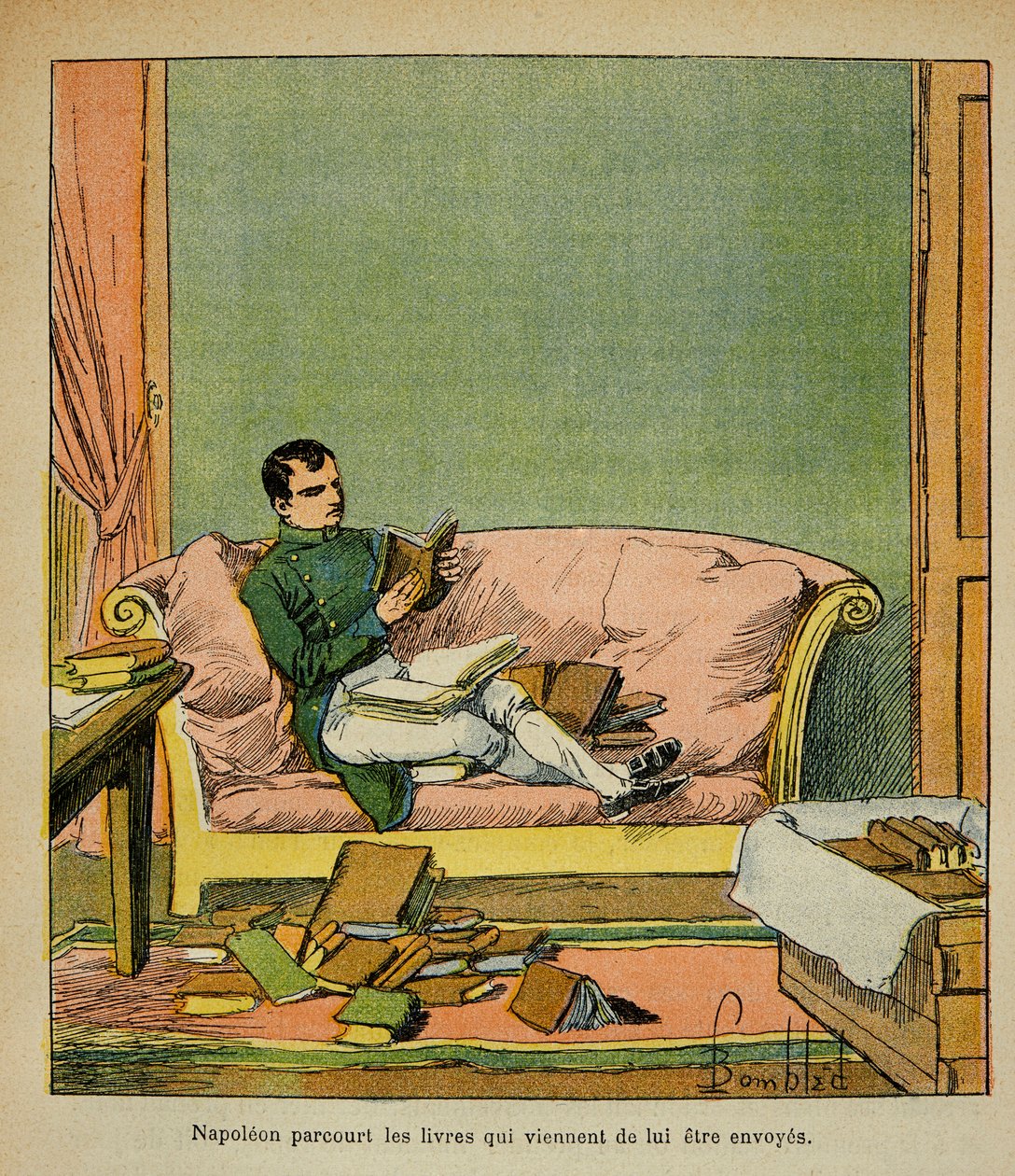 Illustrasjon av Bombled Louis (1862-1927) fra boken «The Memorial of Saint Helene» av grev Emmanuel de Las Cases (1766-1842): Keiser Napoleon reiser gjennom bøkene som nettopp er sendt til St. Helene, Privatsamling av Louis Charles Bombled