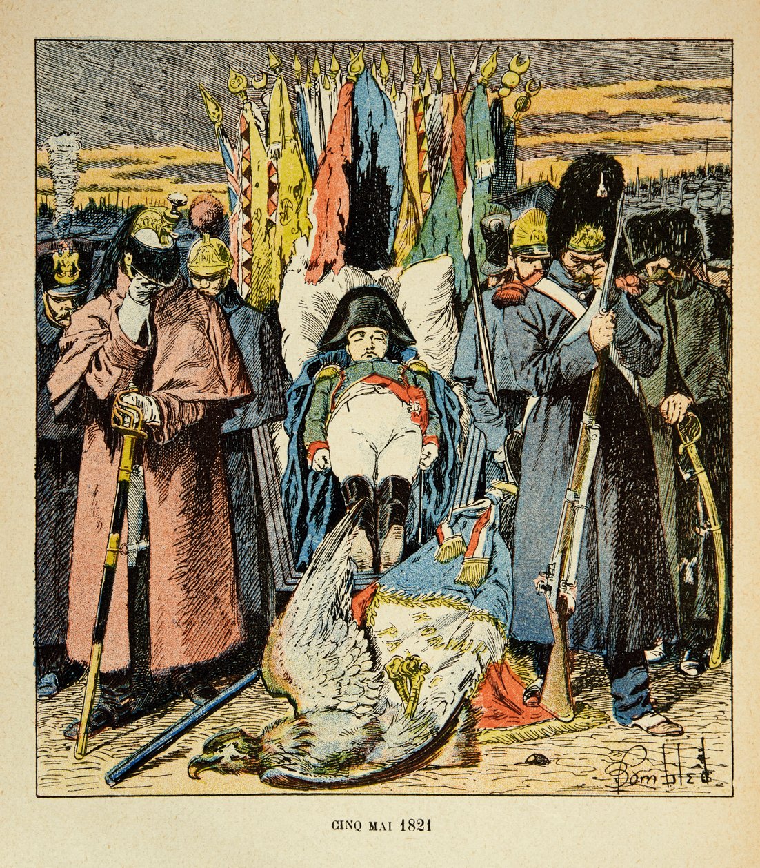 Illustrasjon av Bombled Louis (1862-1927) fra boken "The Memorial of Saint Helene" av grev Emmanuel de Las Cases (1766-1842): Allegory, The Armee hyller keiseren etter hans død, Privat samling av Louis Charles Bombled