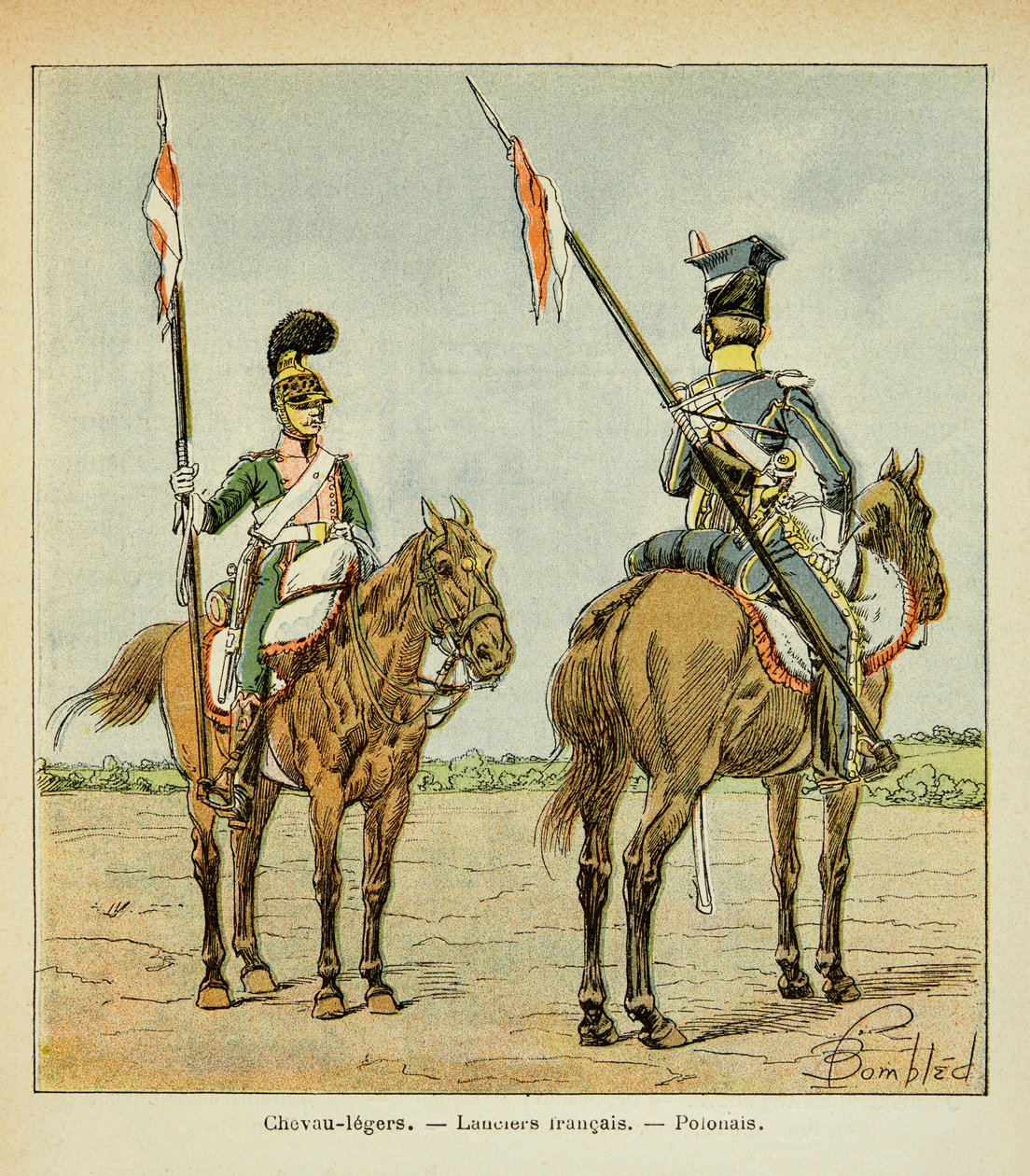Illustrasjon av Bombled Louis (1862-1927) fra boken "The Memorial of Saint Helene" av grev Emmanuel de Las Cases (1766-1842): Light Horses of the Guard: French and Polish Lancier, Private Collection av Louis Charles Bombled