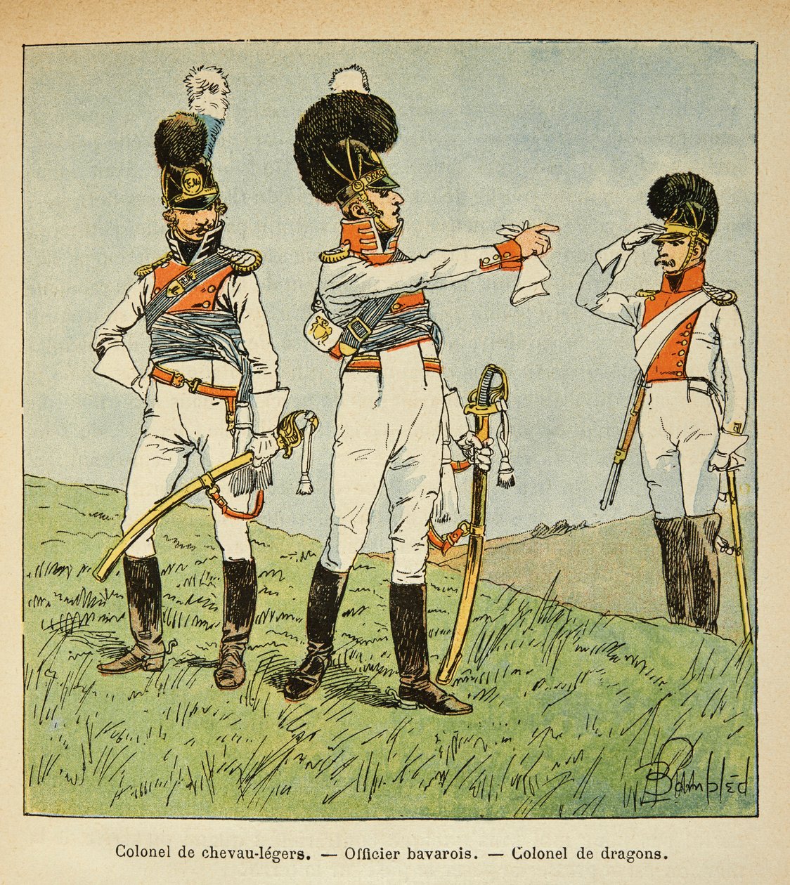 Illustrasjon av Bombled Louis (1862-1927) fra boken "The Memorial of Saint Helene" av grev Emmanuel de Las Cases (1766-1842): Bavarian Military: Colonel of Light Horses; bayersk offiser; Oberst av drager, privat samling av Louis Charles Bombled