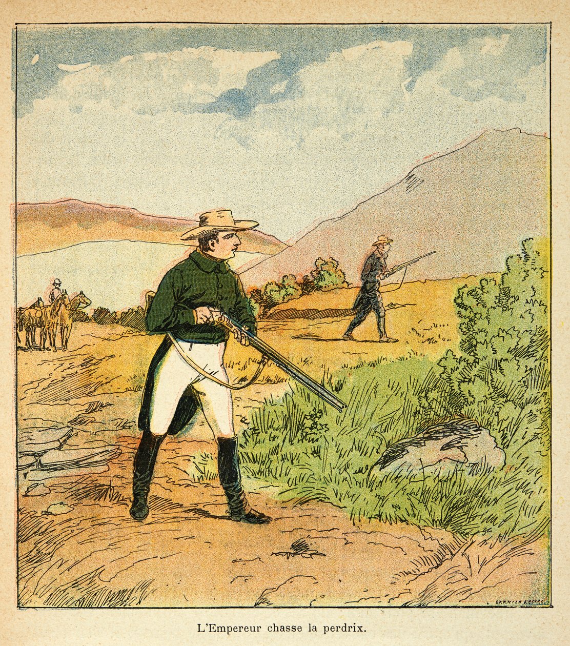 Illustrasjon av Bombled Louis (1862-1927) fra boken "The Memorial of Saint Helene" av grev Emmanuel de Las Cases (1766-1842): Napoleon på jakt med Las Cases i Ste Helene i august 1816, privat samling av Louis Charles Bombled