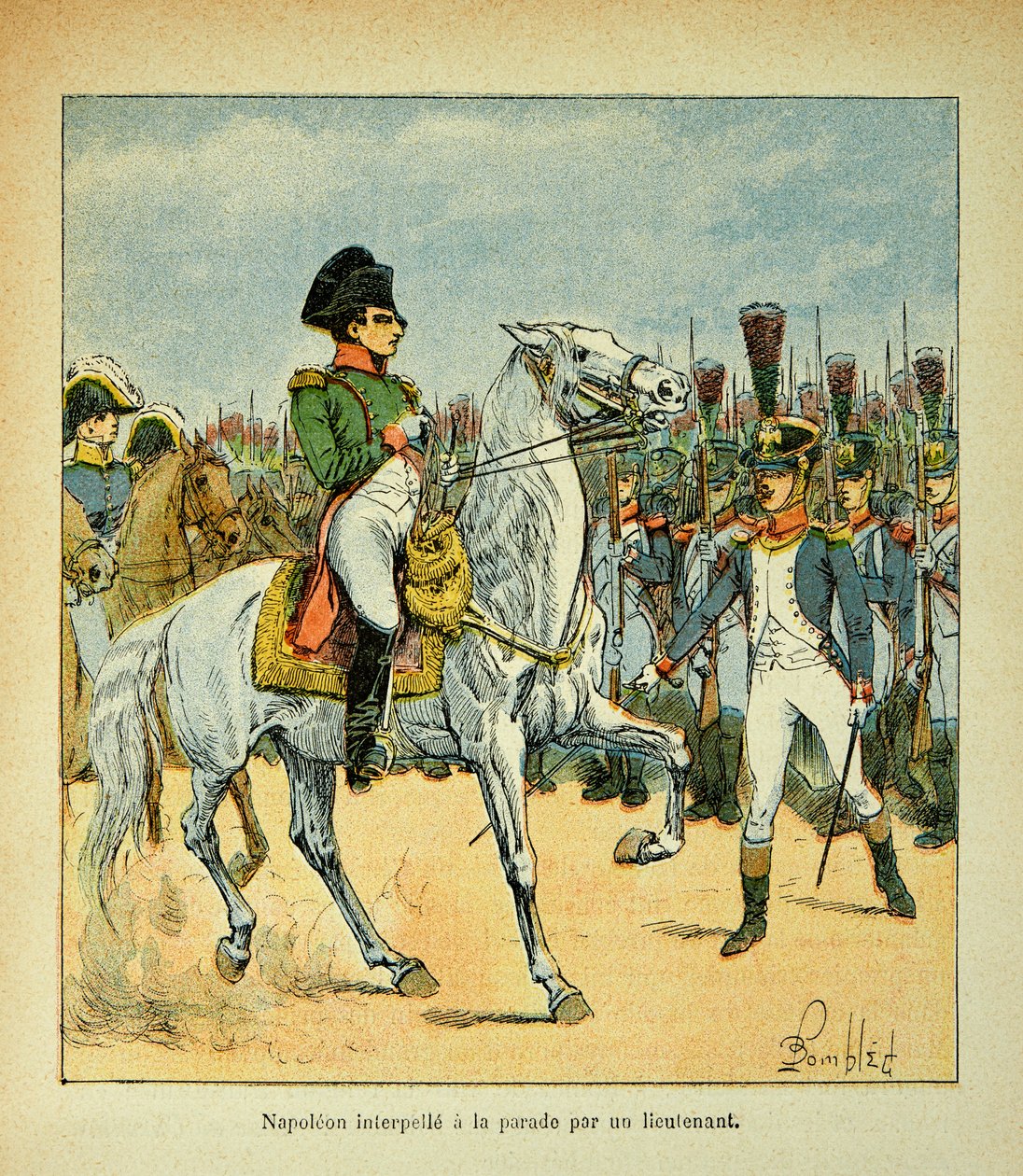 Illustrasjon av Bombled Louis (1862-1927) fra boken "The Memorial of Saint Helene" av grev Emmanuel de Las Cases (1766-1842): Napoleon kaller en parade av en løytnant, privat samling av Louis Charles Bombled