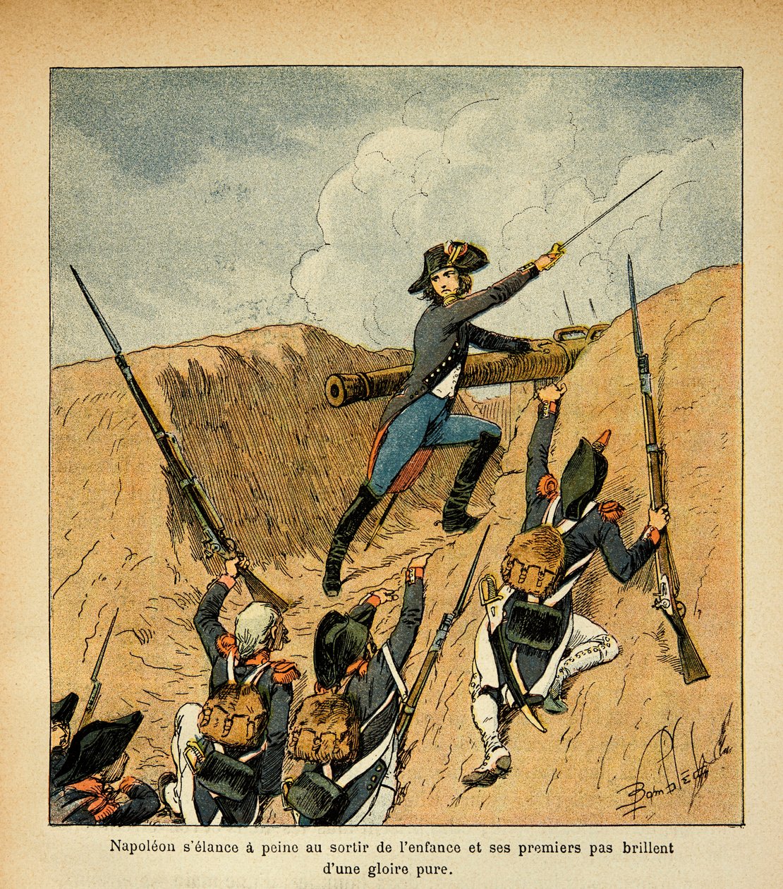 Illustrasjon av Bombled Louis (1862-1927) fra boken "The Memorial of Saint Helene" av grev Emmanuel de Las Cases (1766-1842);: Bonaparte angriper i spissen for troppene hans, privat samling av Louis Charles Bombled