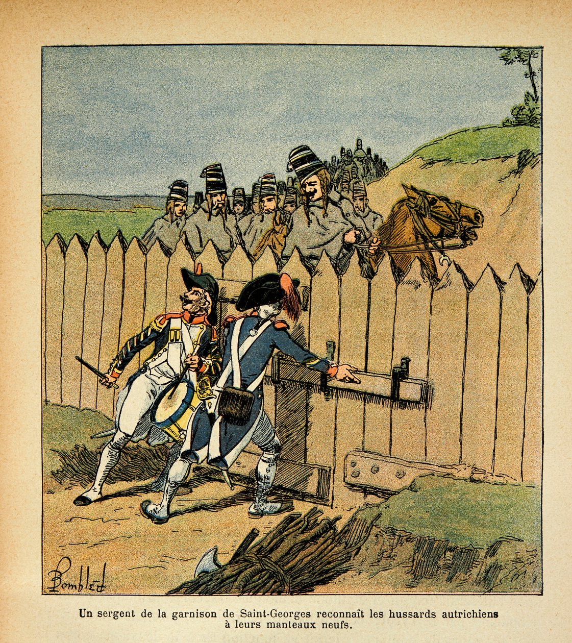 Illustrasjon av Bombled Louis (1862-1927) fra boken "The Memorial of Saint Helene" av grev Emmanuel de Las Cases (1766-1842): Under den italienske kampanjen gjenkjente en sersjant fra garnisonen til St George de østerrikske husarene med sine nye kåper, Pr av Louis Charles Bombled