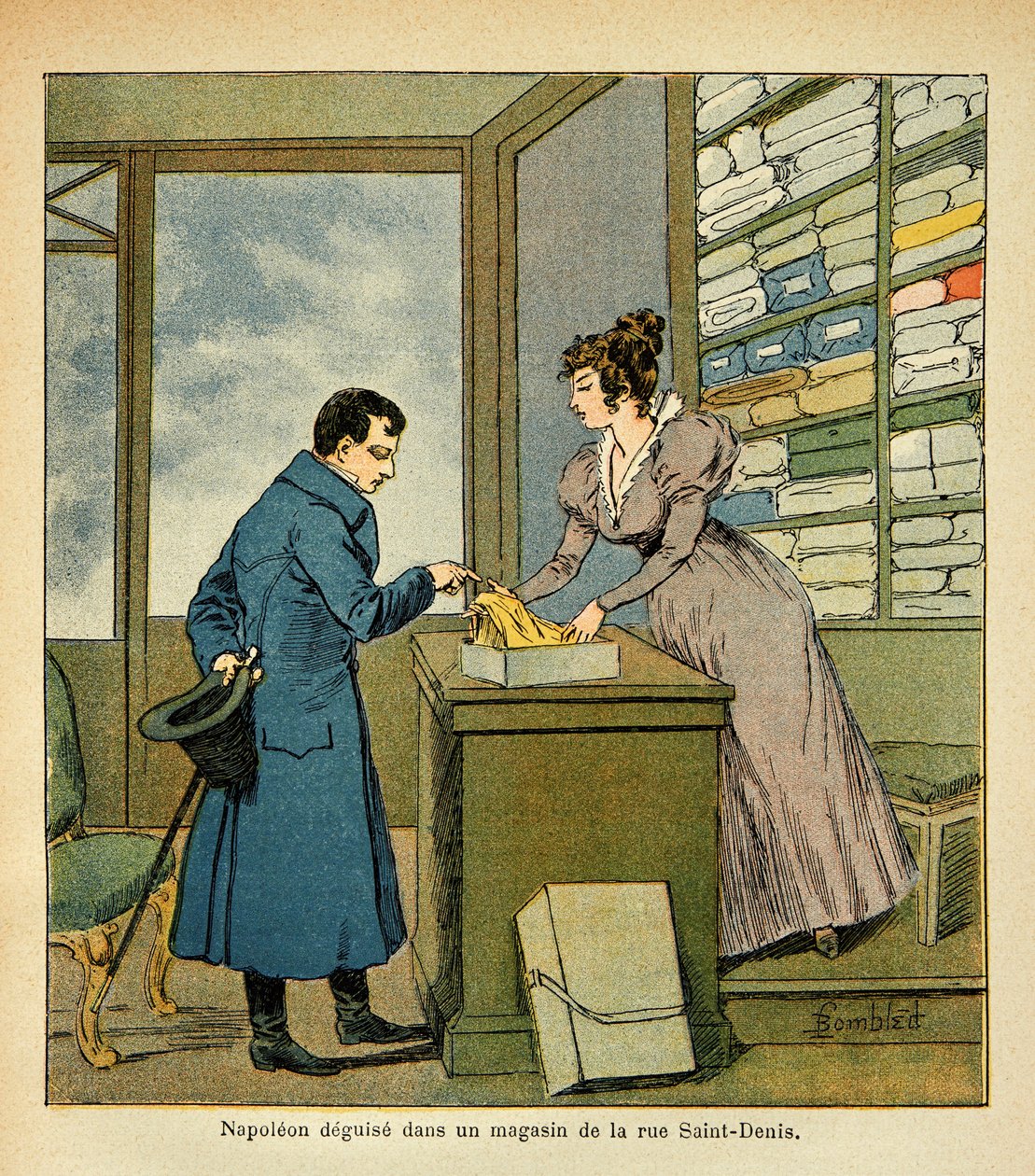Illustrasjon av Bombled Louis (1862-1927) fra boken "The Memorial of Saint Helene" av grev Emmanuel de Las Cases (1766-1842): Keiser Napoleon forkledning i en butikk på Rue Saint Denis, privat samling av Louis Charles Bombled