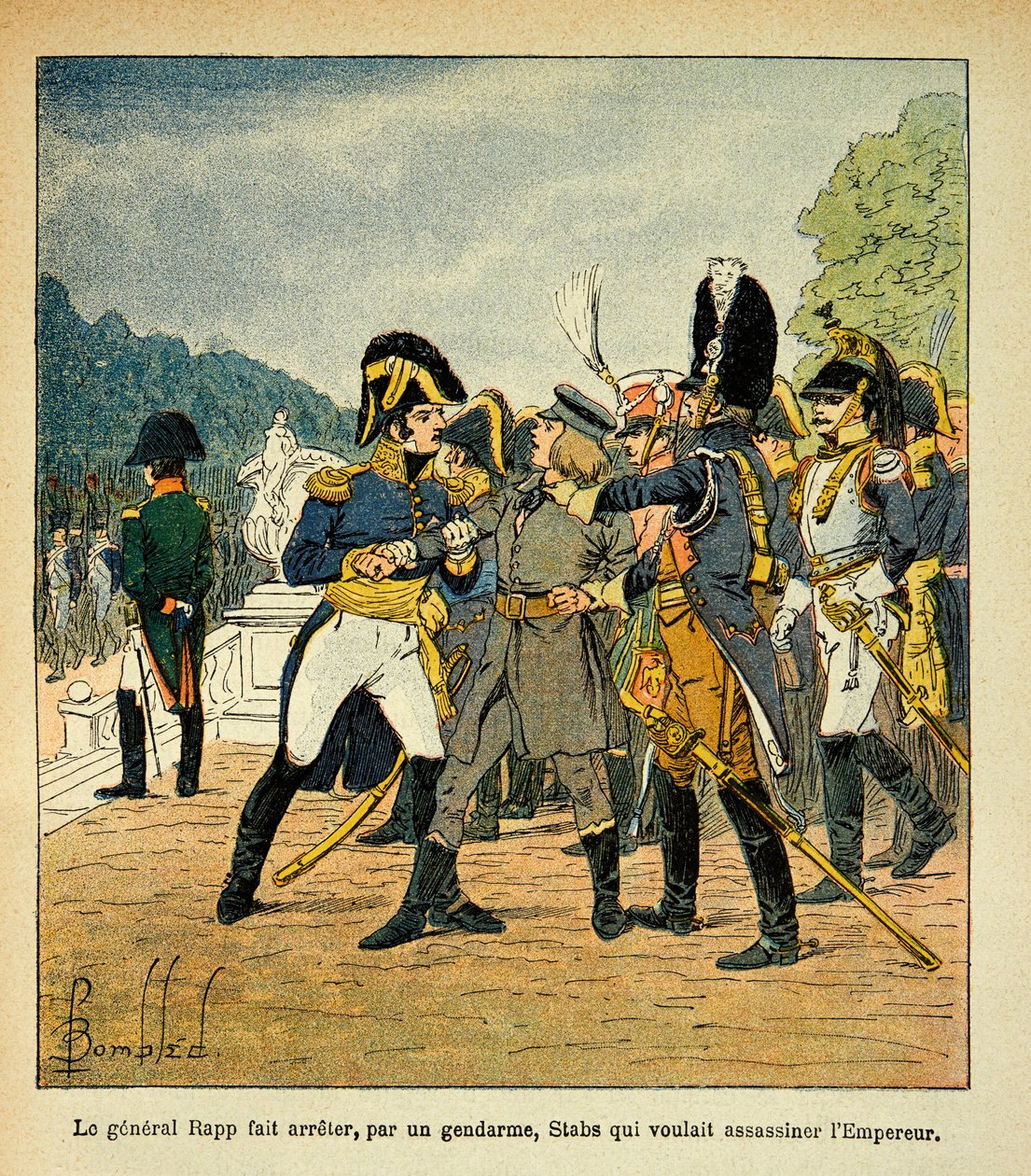 Illustrasjon av Bombled Louis (1862-1927) fra boken "The Memorial of Saint Helene" av grev Emmanuel de Las Cases (1766-1842): General Rapp arresterte, av en gendarme, de unge Stabs, som ønsket å myrde keiser Napoleon, Delvis samling av Louis Charles Bombled