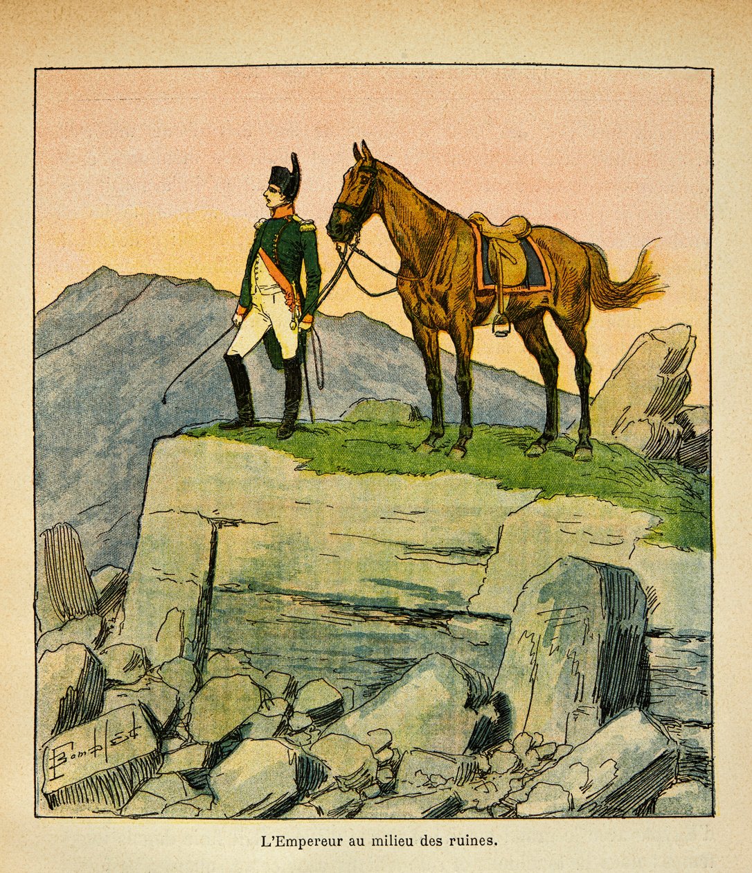 Illustrasjon av Bombled Louis (1862-1927) fra boken "The Memorial of Saint Helene" av grev Emmanuel de Las Cases (1766-1842): Keiseren Napoleon midt i ruinene, privat samling av Louis Charles Bombled