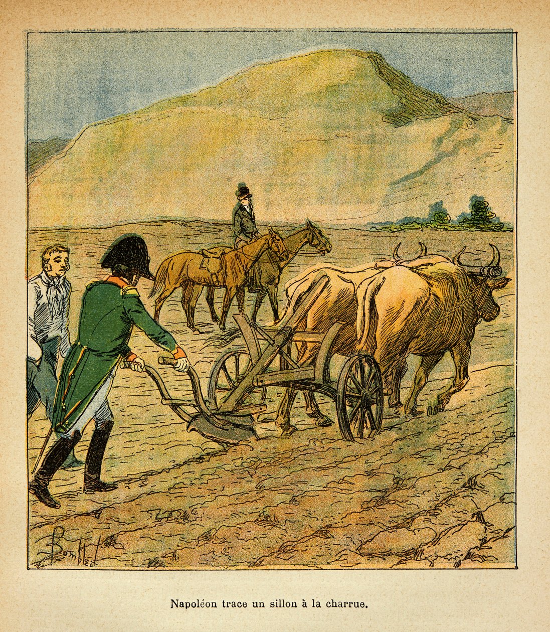 Illustrasjon av Bombled Louis (1862-1927) fra boken "The Memorial of Saint Helene" av grev Emmanuel de Las Cases (1766-1842): På St. Helene sporer keiser Napoleon en fure til plogen, privatsamling av Louis Charles Bombled