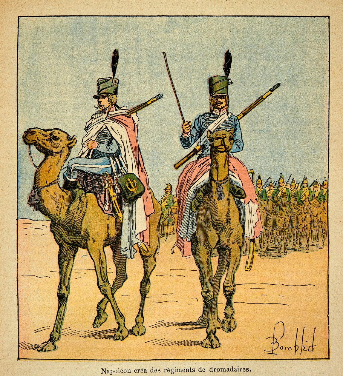 Illustrasjon av Bombled Louis (1862-1927) fra boken "The Memorial of Saint Helene" av grev Emmanuel de Las Cases (1766-1842): Under den egyptiske kampanjen opprettet Napoleon Bonaparte regimenter av kameler, privat samling av Louis Charles Bombled