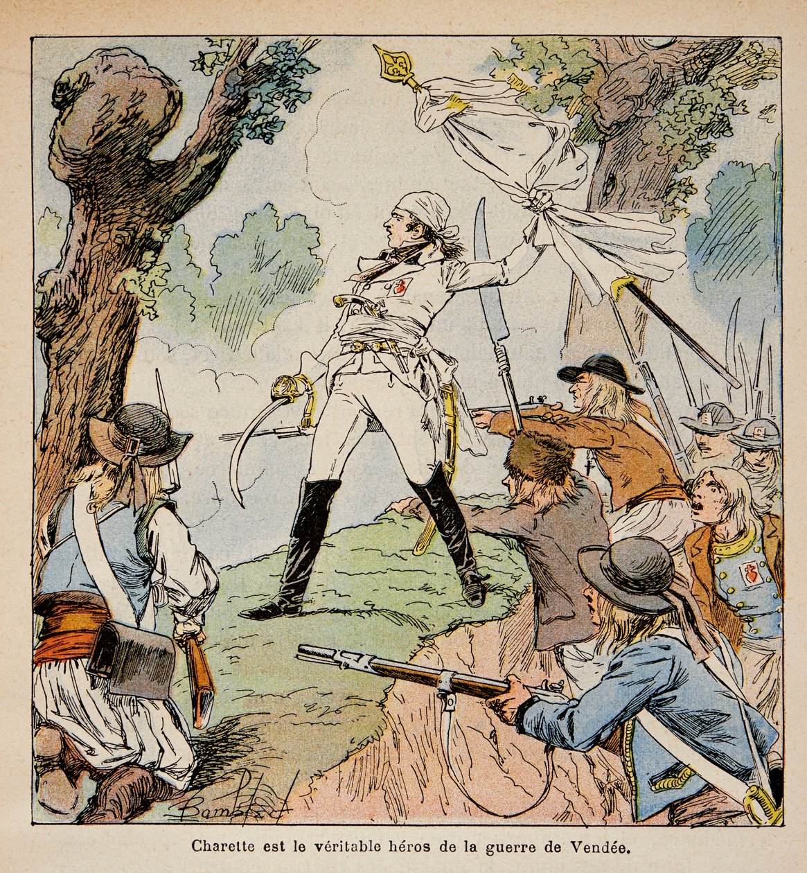 Illustrasjon av Bombled Louis (1862-1927) fra boken "The Memorial of Saint Helene" av grev Emmanuel de Las Cases (1766-1842): Chief Vendeen Charrette og hans støttespillere, privat samling av Louis Charles Bombled
