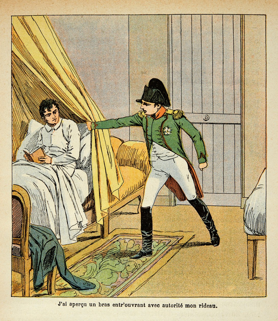 Illustrasjon av Bombled Louis (1862-1927) fra boken "The Memorial of Saint Helene" av grev Emmanuel de Las Cases (1766-1842): Napoleon vekker Las Cases i sengen på St. Helene, privat samling av Louis Charles Bombled