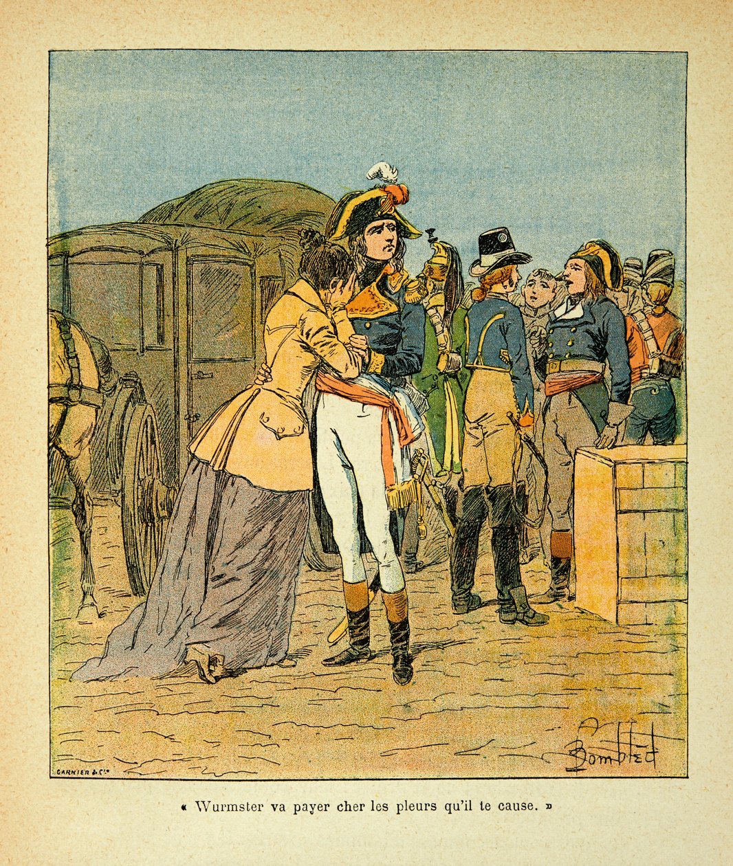 Illustrasjon av Bombled Louis (1862-1927) fra boken "The Memorial of Saint Helene" av grev Emmanuel de Las Cases (1766-1842): Bonaparte trøster Josephine etter angrepet på bilen hans under den italienske kampanjen, Private Collection av Louis Charles Bombled