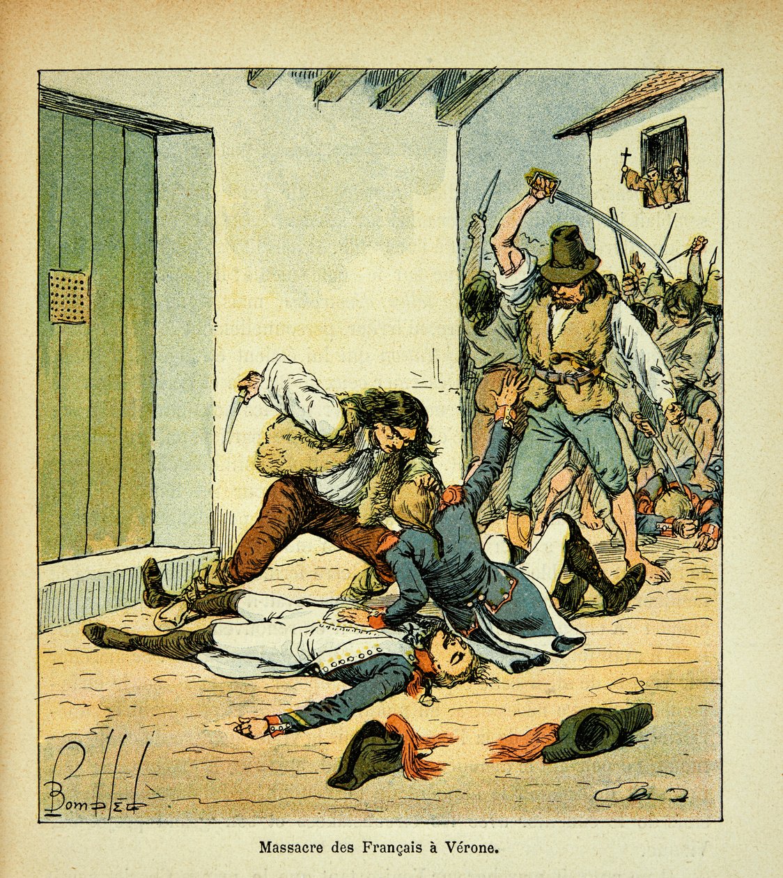 Illustrasjon av Bombled Louis (1862-1927) fra boken "The Memorial of Saint Helene" av grev Emmanuel de Las Cases (1766-1842): Massakren på franske soldater i Verona, privat samling av Louis Charles Bombled