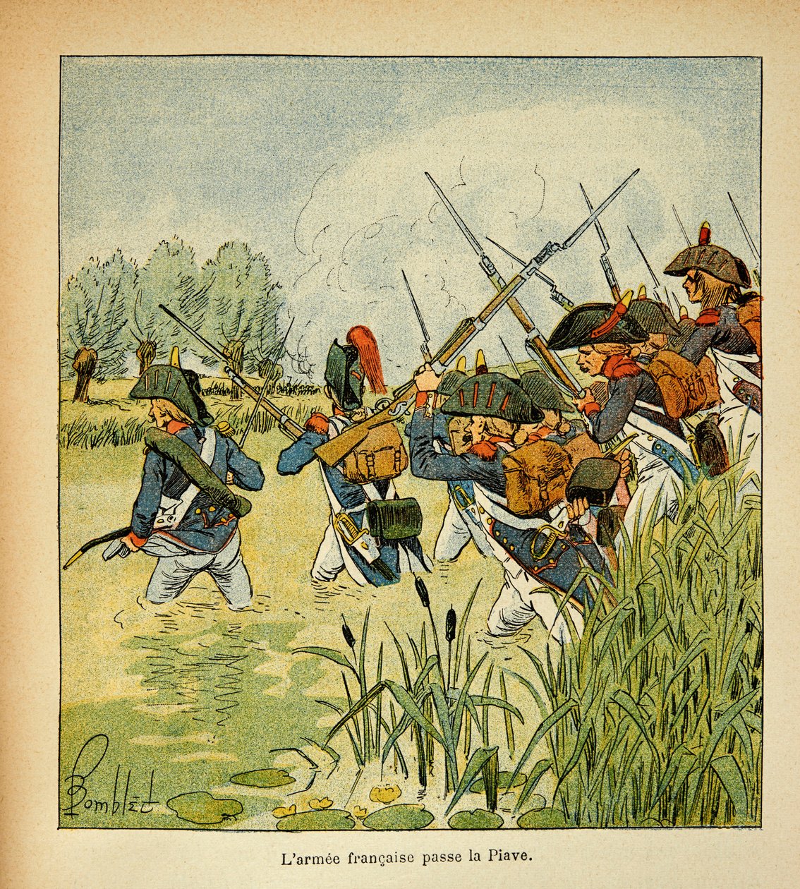 Illustrasjon av Bombled Louis (1862-1927) fra boken "The Memorial of Saint Helene" av grev Emmanuel de Las Cases (1766-1842): Den franske Armee passerer Piave under den italienske kampanjen, privat samling av Louis Charles Bombled