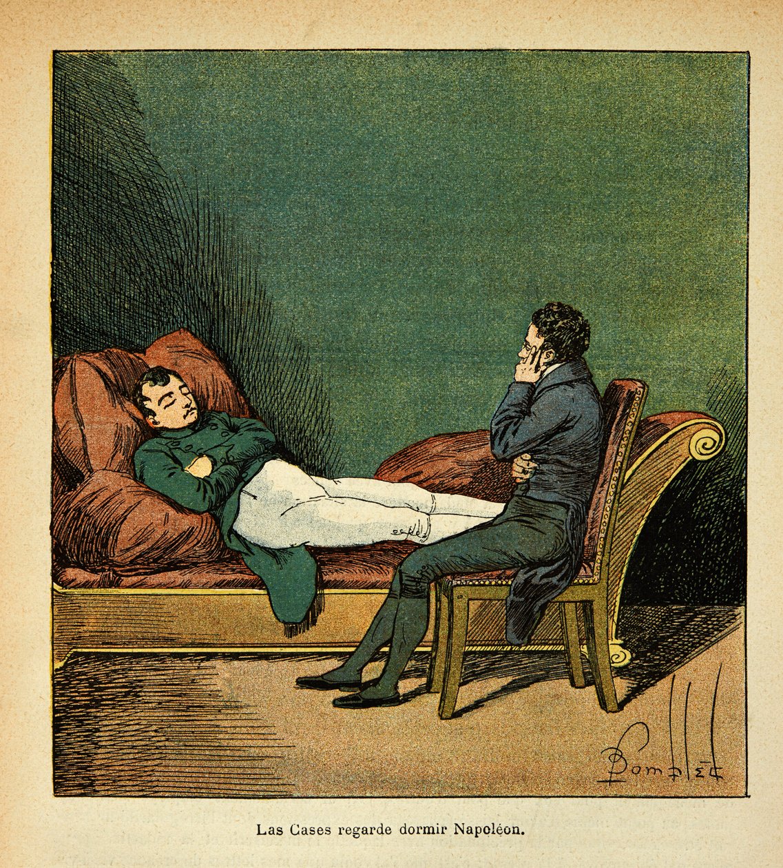 Illustrasjon av Bombled Louis (1862-1927) fra boken "The Memorial of Saint Helene" av grev Emmanuel de Las Cases (1766-1842): Las Cases ser på Napoleon sovende, privat samling av Louis Charles Bombled