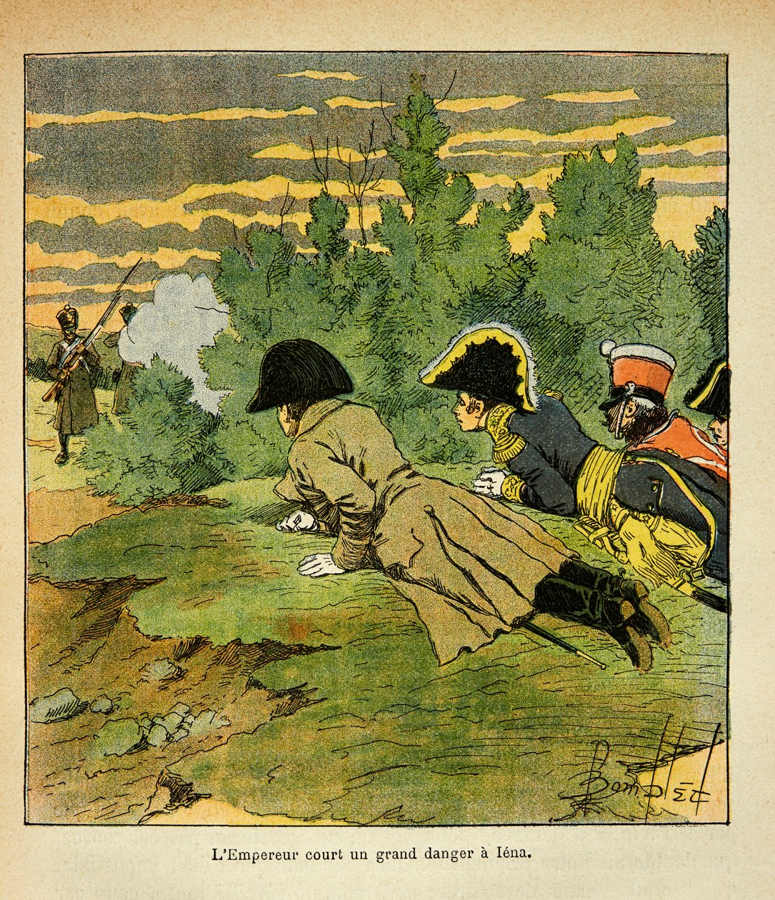 Illustrasjon av Bombled Louis (1862-1927) fra boken "The Memorial of Saint Helene" av grev Emmanuel de Las Cases (1766-1842): På tampen av slaget ved Iena, kaster keiser Napoleon seg etter å ha gjenkjent fiendens linjer. flat når en fransk senti av Louis Charles Bombled
