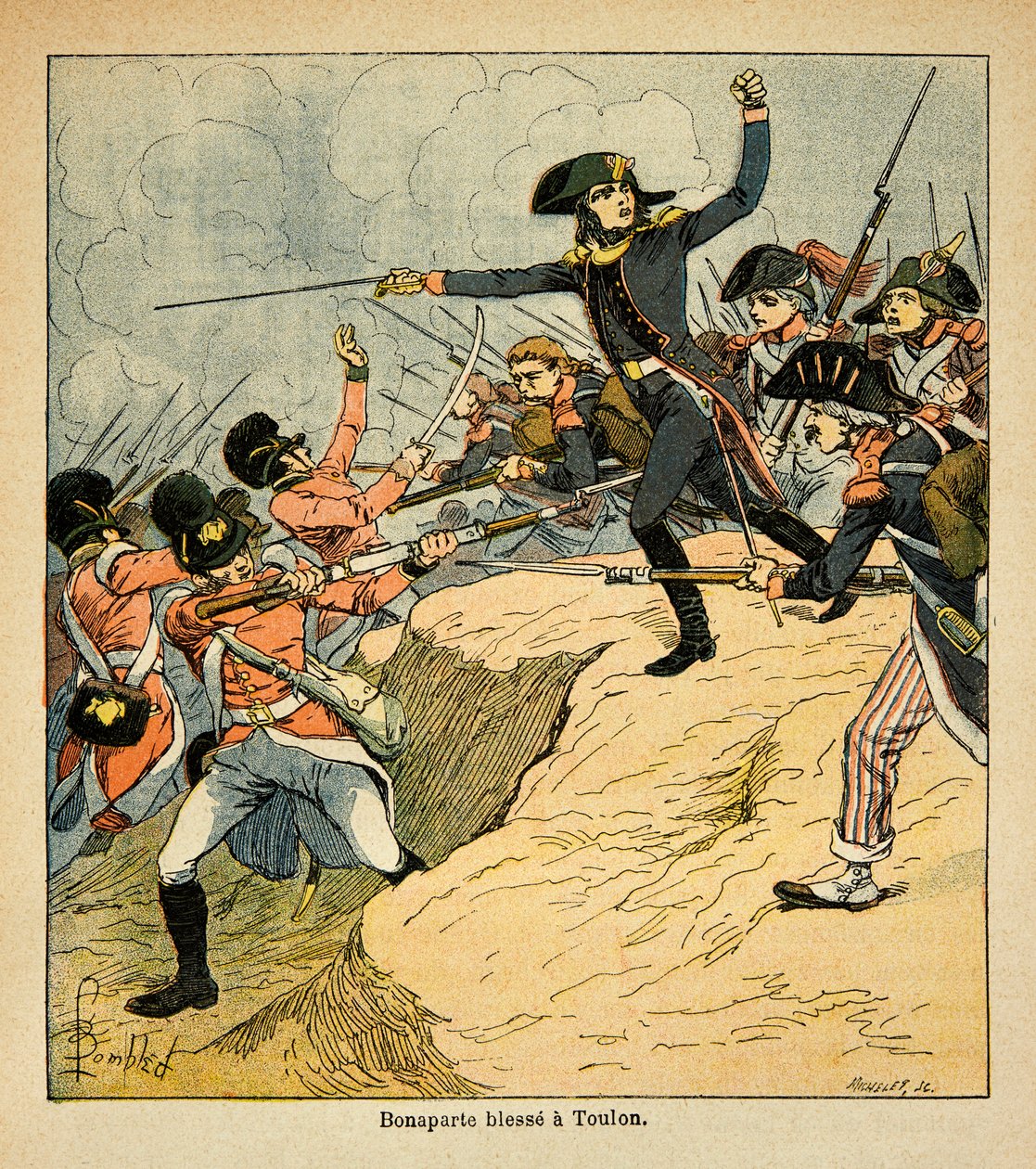 Illustrasjon av Bombled Louis (1862-1927) fra boken "The Memorial of Saint Helene" av grev Emmanuel de Las Cases (1766-1842): Bonaparte-sår ved setet i Toulon, privat samling av Louis Charles Bombled