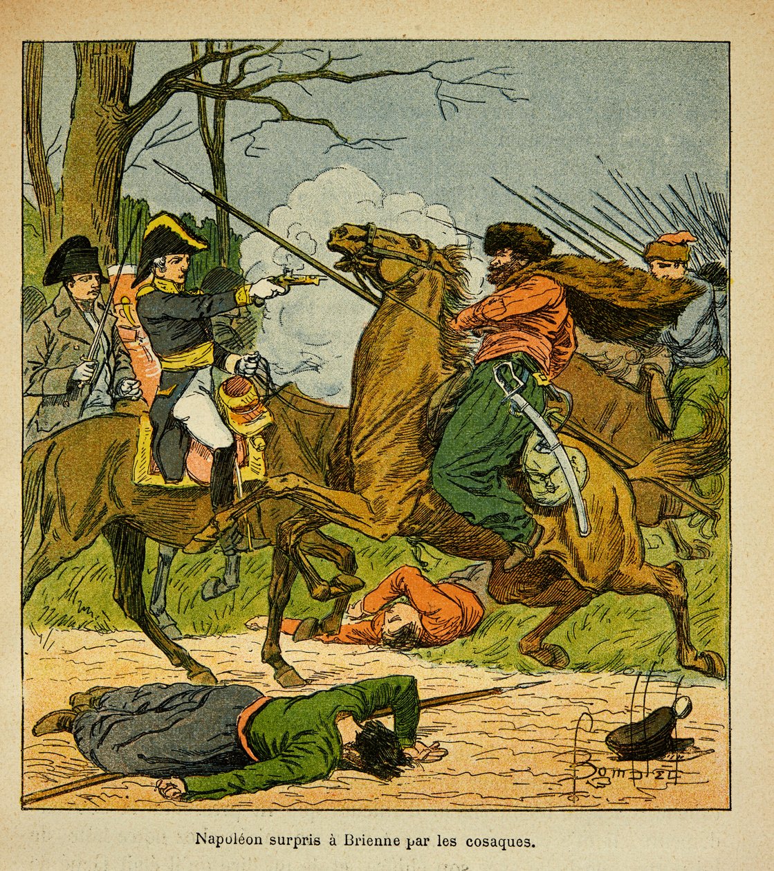 Illustrasjon av Bombled Louis (1862-1927) fra boken "The Memorial of Saint Helene" av grev Emmanuel de Las Cases (1766-1842): Napoleon overrasket i Brienne av kosakker, privat samling av Louis Charles Bombled