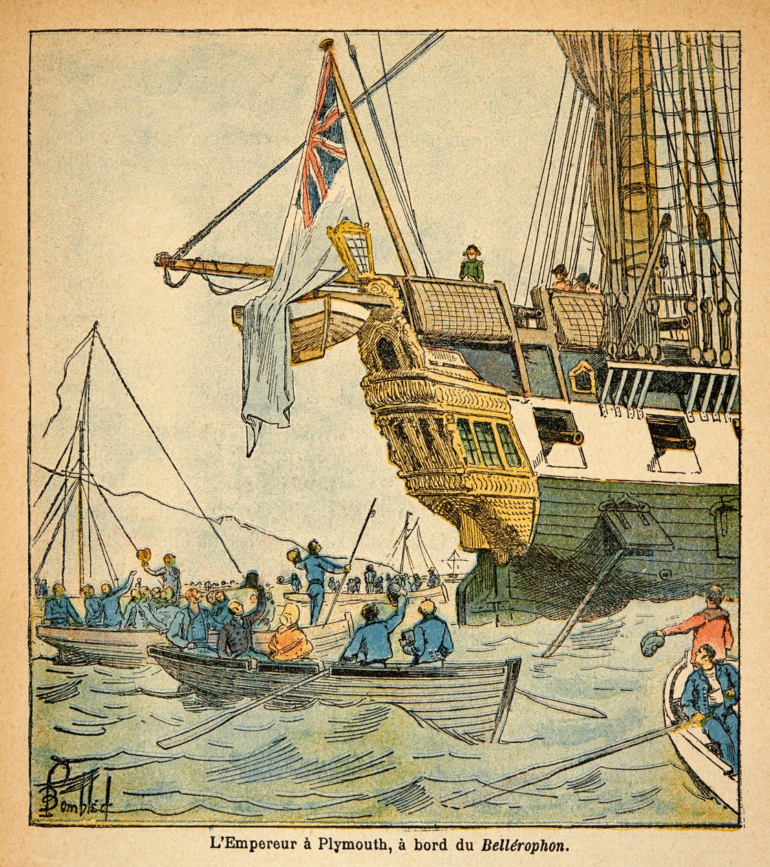 Illustrasjon av Bombled Louis (1862-1927) fra boken "The Memorial of Saint Helene" av grev Emmanuel de Las Cases (1766-1842): Keiser Napoleon ombord på Bellerophon ankom Plymouth i 1815, privat samling av Louis Charles Bombled