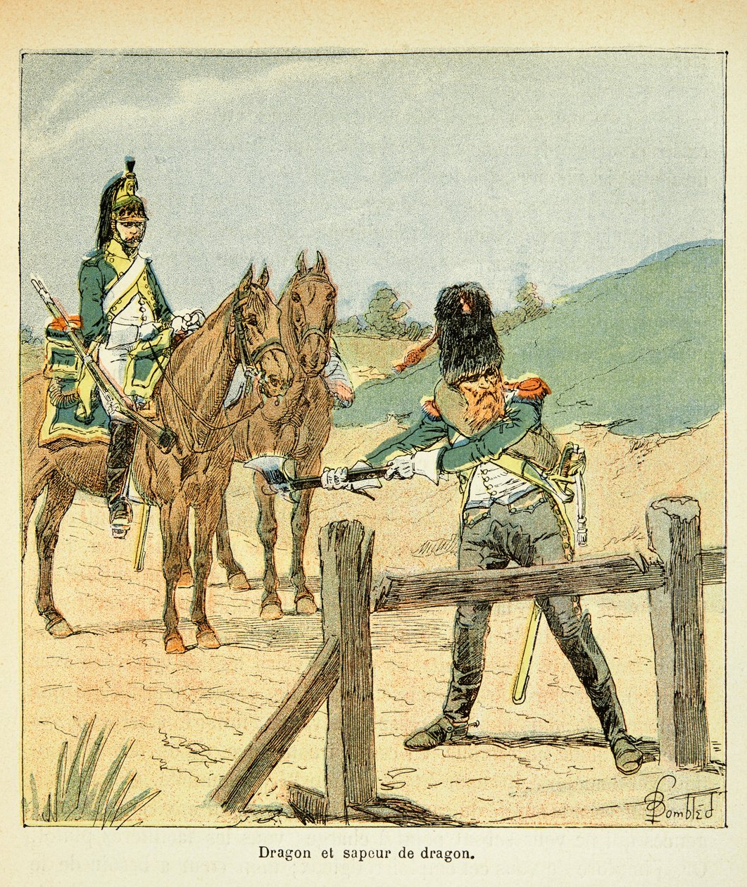 Illustrasjon av Bombled Louis (1862-1927) fra boken "The Memorial of Saint Helene" av grev Emmanuel de Las Cases (1766-1842): French Armee: Dragon and Dragon Sapper, privat samling av Louis Charles Bombled