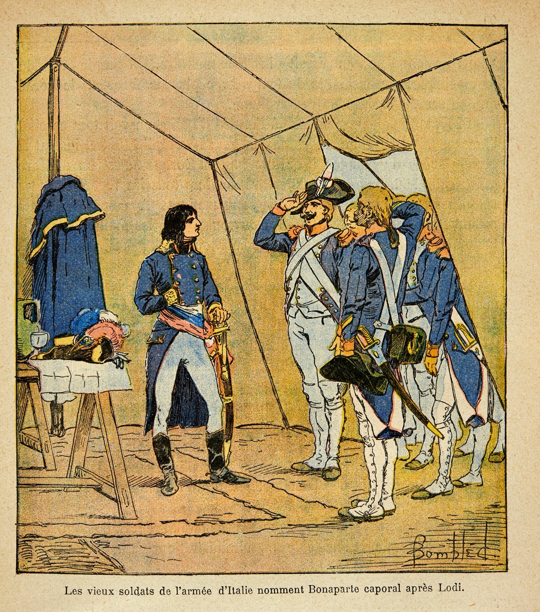 Illustrasjon av Bombled Louis (1862-1927) fra boken "The Memorial of Saint Helene" av grev Emmanuel de Las Cases (1766-1842): De gamle soldatene fra den italienske hæren kalte Bonaparte-korporal etter slaget ved Lodi i 1796, menig Samling av Louis Charles Bombled