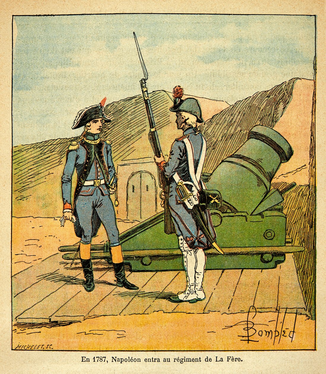Illustrasjon av Bombled Louis (1862-1927) fra boken "The Memorial of Saint Helene" av grev Emmanuel de Las Cases (1766-1842): I 1787 gikk Napoleon Bonaparte inn i regimentet til La Fere som løytnant-i-andre, privat samling av Louis Charles Bombled