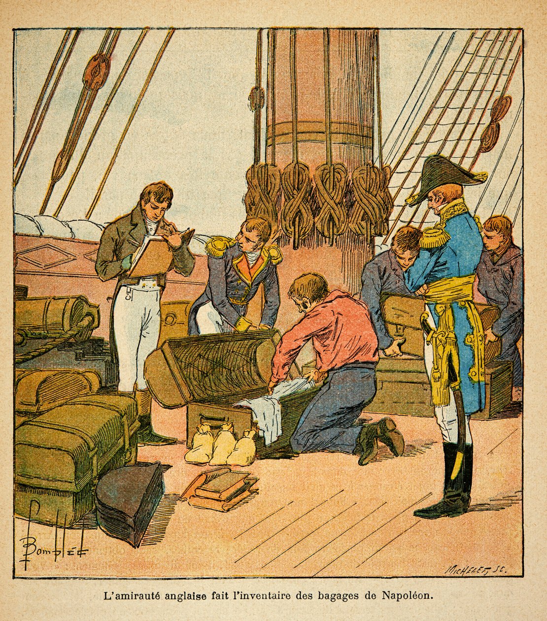 Illustrasjon av Bombled Louis (1862-1927) fra boken «The Memorial of Saint Helene» av grev Emmanuel de Las Cases (1766-1842): Den engelske admirauten foretar en inventar av bagasjen til keiser Napoleon før hans avgang til St. Helene i 1815, Priva av Louis Charles Bombled