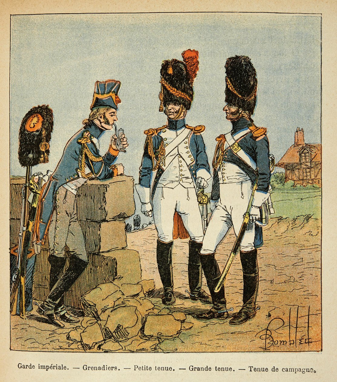 Illustrasjon av Bombled Louis (1862-1927) fra boken «The Memorial of Saint Helene» av grev Emmanuel de Las Cases (1766-1842): Grenadiers of the Imperial Guard: Lite antrekk; stort antrekk og landantrekk, Privat samling av Louis Charles Bombled