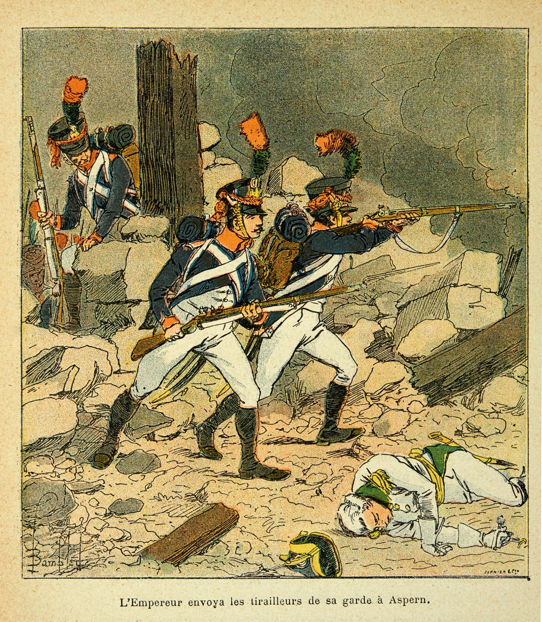 Illustrasjon av Bombled Louis (1862-1927) fra boken "The Memorial of Saint Helene" av grev Emmanuel de Las Cases (1766-1842): Keiser Napoleon sendte sin vakt til Aspern under slaget ved Essling av Louis Charles Bombled