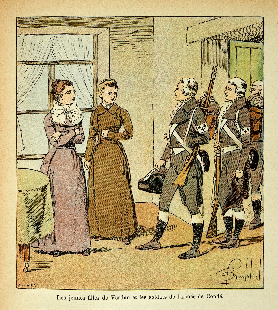 Illustrasjon av Bombled Louis (1862-1927) fra boken "The Memorial of Saint Helene" av grev Emmanuel de Las Cases (1766-1842): The Young Daughters of Verdun and the Soldiers of the Armee of Conde (Armee des Emigrres), Privat samling av Louis Charles Bombled