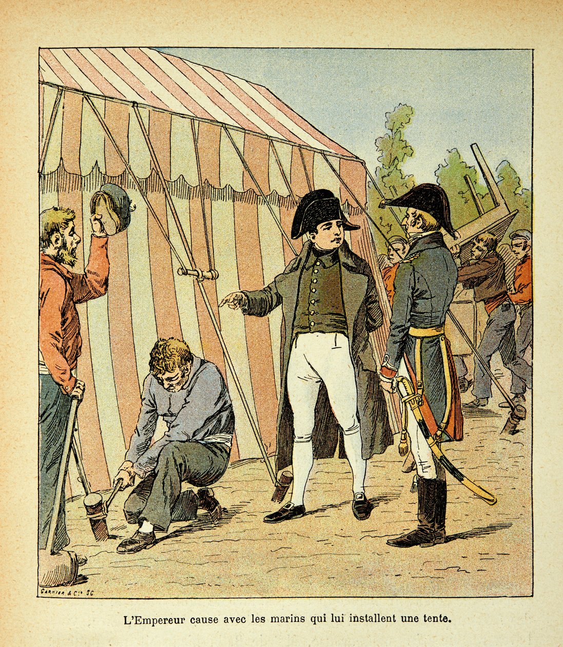 Illustrasjon av Bombled Louis (1862-1927) fra boken «The Memorial of Saint Helene» av grev Emmanuel de Las Cases (1766-1842): Keiser Napoleon snakker med sjømennene som satte opp et telt for ham, Private Collection av Louis Charles Bombled